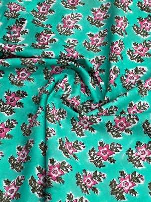 60/60 Cotton Handblocked Butti Print Bright Sea-Green/