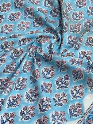 60/60 Cotton Handblocked Butti Print Sky Blue/ 