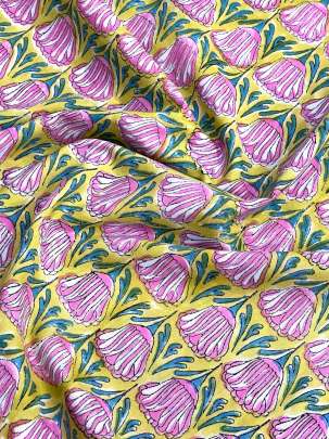 60/60 Cotton Handblocked Butti Print Greenish Yellow/ 