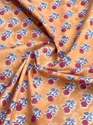 60/60 Cotton Handblocked Butti Print Orange Peach / 