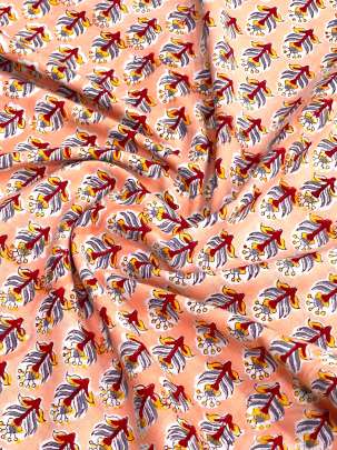 60/60 Cotton Handblocked Butti Print Orange Peach/ 