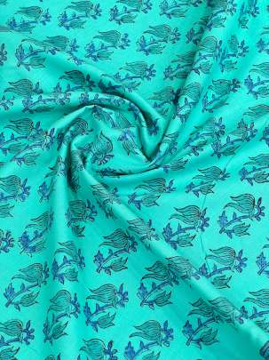 60/60 Cotton Handblocked Butti Print Aqua/