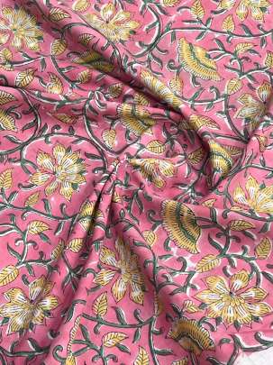 60/60 Cotton Handblocked Floral Print Peach Pink/