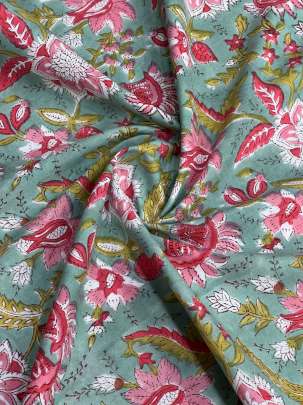 60/60 Cotton Handblocked Floral Print Greyish Green/ 