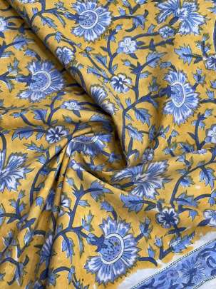 60/60 Cotton Handblocked Floral Print Yellow/