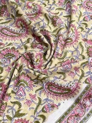 60/60 Cotton Handblocked Floral Print Light Yellowish Cream/