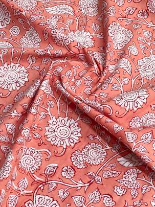 60/60 Cotton Handblocked Floral Print Pink Peach/