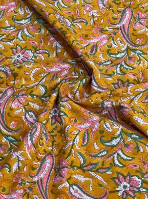 60/60 Cotton Handblocked Floral Print Mustard Yellow/ 