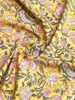 60/60 Cotton Handblocked Floral Print Light Yellow/