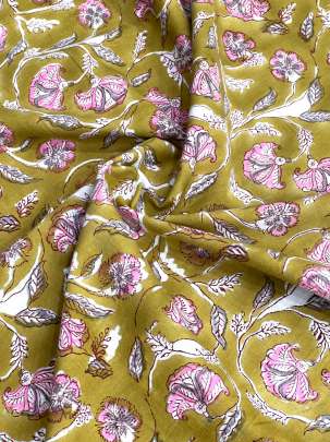 60/60 Cotton Handblocked Floral Print Mahendi Green/