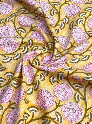 60/60 Cotton Handblocked Floral Print Light Yellow/