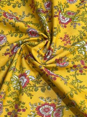 60/60 Cotton Handblocked Floral Print Yellow/