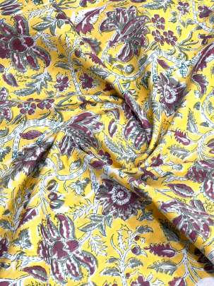 60/60 Cotton Handblocked Floral Print Light Yellow/