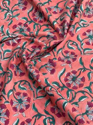 60/60 Cotton Handblocked Floral Print Peach Pink/