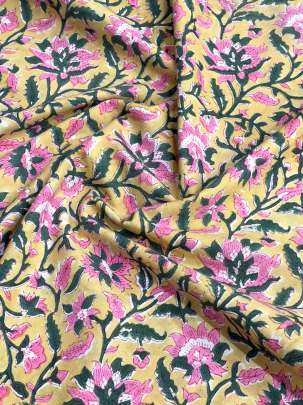 60/60 Cotton Handblocked Floral Print Light Yellow/ 