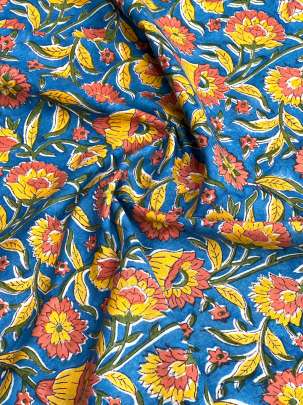 60/60 Cotton Handblocked Floral Print Blue/