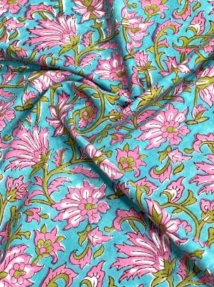 60/60 Cotton Handblocked Floral Print Aqua Blue/ 