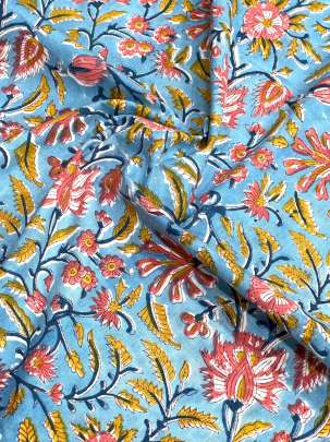 60/60 Cotton Handblocked Floral Print Sky Blue/ 