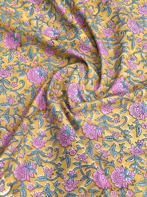 60/60 Cotton Handblocked Floral Print Yellow/ 