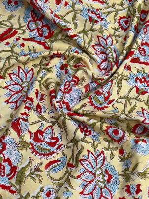 60/60 Cotton Handblocked Floral Print Yellow/