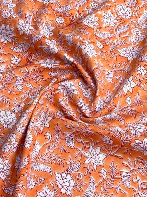 60/60 Cotton Handblocked Floral Print Orange Peach/ 