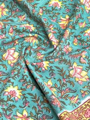 60/60 Cotton Handblocked Floral Print Aqua Blue/ 