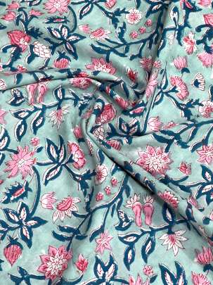 60/60 Cotton Handblocked Floral Print Light Aqua/ 