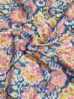 60/60 Cotton Handblocked Floral Print Blueish Grey/