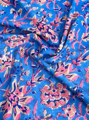 60/60 Cotton Handblocked Floral Print Blue/