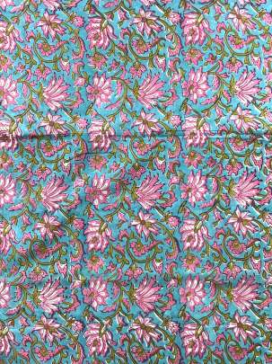 60/60 Cotton Handblocked Floral Print Aqua Blue/ 