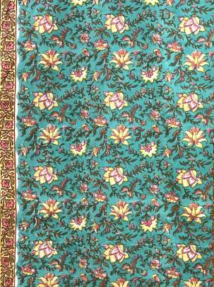 60/60 Cotton Handblocked Floral Print Aqua Blue/ 