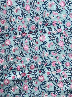 60/60 Cotton Handblocked Floral Print Light Aqua/ 