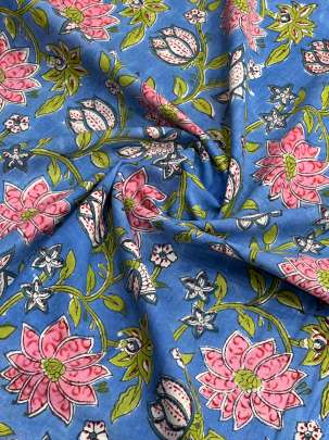 60/60 Cotton Handblocked Floral Print Blue/