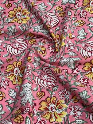 60/60 Cotton Handblocked Floral Print Peach Pink/ 