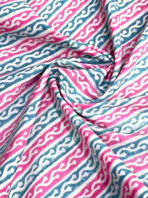 60/60 Cotton Handblocked Print Sea Green & Pink/  