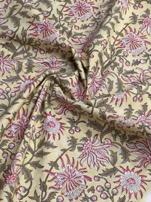 Cotton Mughal Handblocked Floral Print Yellowish Cream/ 