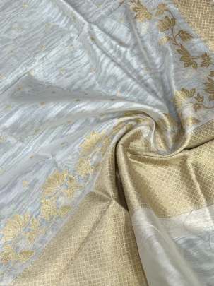 Banarasi chanderi duppata with golden dots motifs & Banarasi border - White ( Dyeable )/ Banarasi Duppatas 