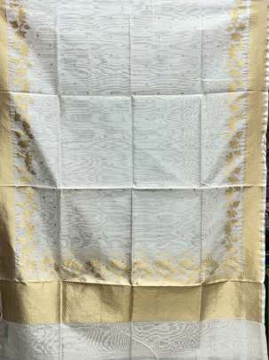 Banarasi chanderi duppata with golden dots motifs & Banarasi border - White ( Dyeable )/ Banarasi Duppatas 