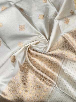 Banarasi silk duppata with golden Banarasi butti & daman - Cream( Dyeable )/ 