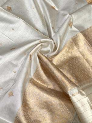 Banarasi silk duppata with golden Banarasi butti & daman - Cream ( Dyeable )/ Banarasi Duppatas 