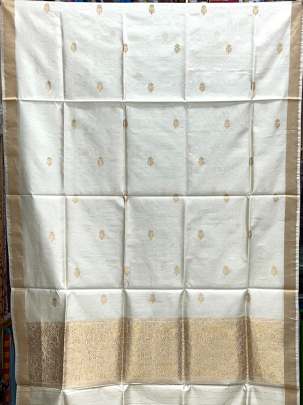 Banarasi silk duppata with golden Banarasi butti & daman - Cream( Dyeable )/ Banarasi Duppatas 