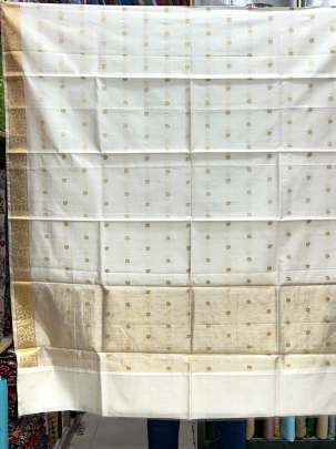 Banarasi silk duppata with golden Banarasi butti & daman - Cream ( Dyeable )/ Banarasi Duppatas 