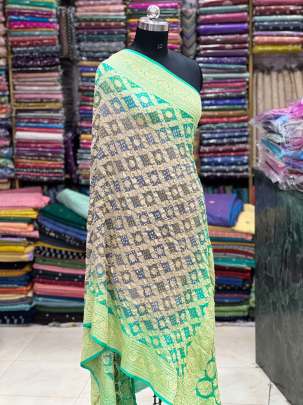 Bandhej Duppata With Banarasi Work & Palav - Grey & Green/ Bandhej duppatas & Stoles