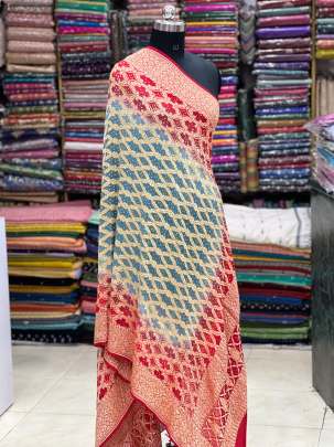 Bandhej Duppata With Banarasi Work & Palav - Red & Grey/ Bandhej duppatas & Stoles