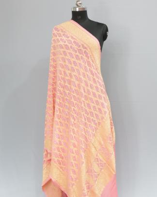 Bandhej Duppata With Banarasi Work & Palav - Peach/ 