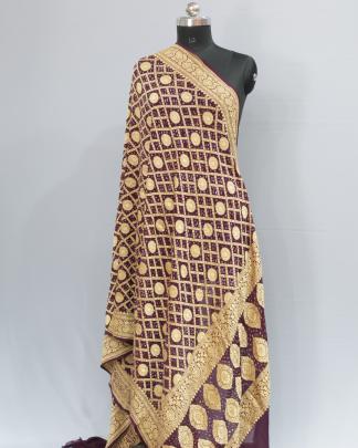 Bandhej Duppata With Banarasi Work & Palav - Wine/ Bandhej duppatas & Stoles