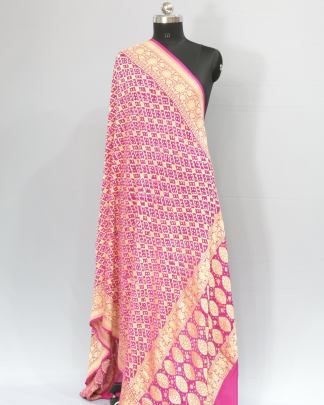 Bandhej Duppata With Banarasi Work & Palav - Hot Pink/