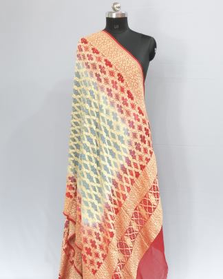 Bandhej Duppata With Banarasi Work & Palav - Red & Grey/ 