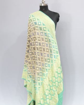 Bandhej Duppata With Banarasi Work & Palav - Grey & Green/ Bandhej duppatas & Stoles