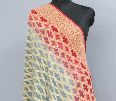 Bandhej Duppata With Banarasi Work & Palav - Red & Grey/ Bandhej duppatas & Stoles